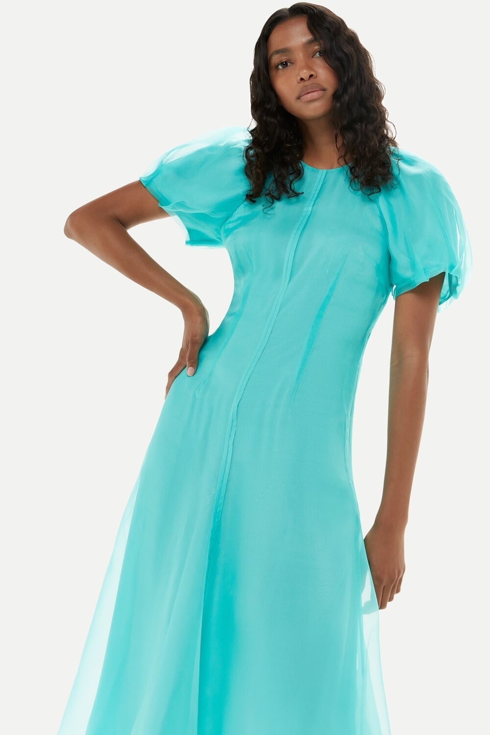 Bright Turquoise Organza Puff Sleeve Midi Dress Bright Turquoise Organza Puff Sleeve Midi Dress — Classy Turquoise Outfits