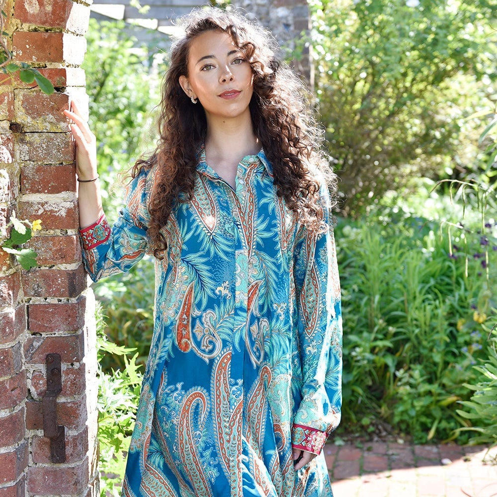 Turquoise Paisley Print Long Sleeve Shirt Dress Turquoise Paisley Print Long Sleeve Shirt Dress — Classy Turquoise Outfits