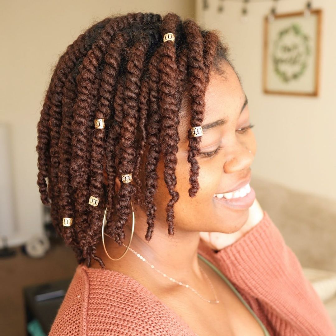 Chin Length Medium Brown Twists With Beads — Classy Twist Hairstyles