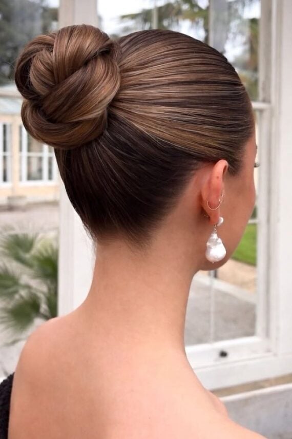 Sleek Dark Brown High Bun — Classy Twist Updo