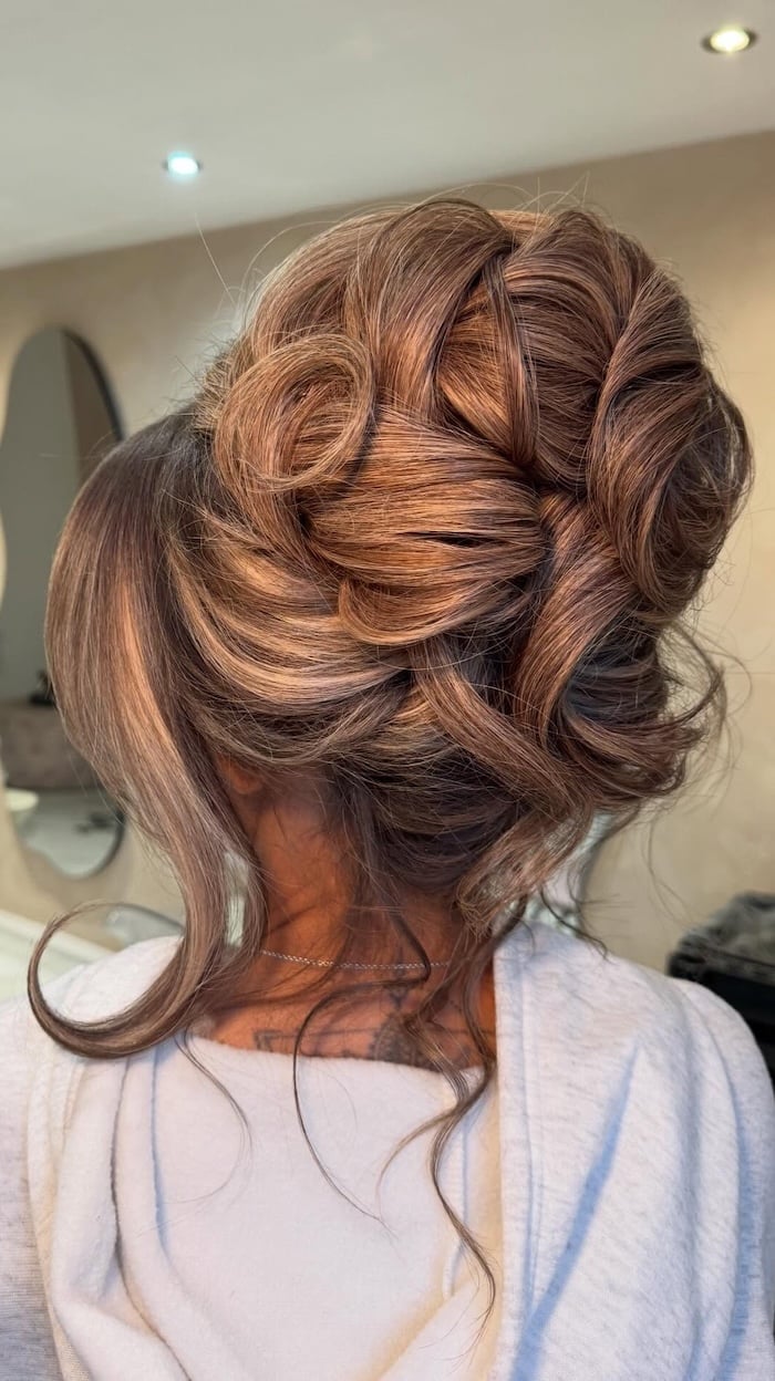 Brown Twisted Updo With Blonde Highlights, Wavy — Classy Twisted Styles
