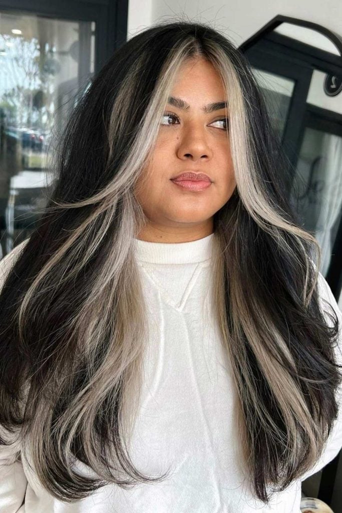 Face Framing Bangs On Mid-Back Length Hair — Classy Two Tone Hair