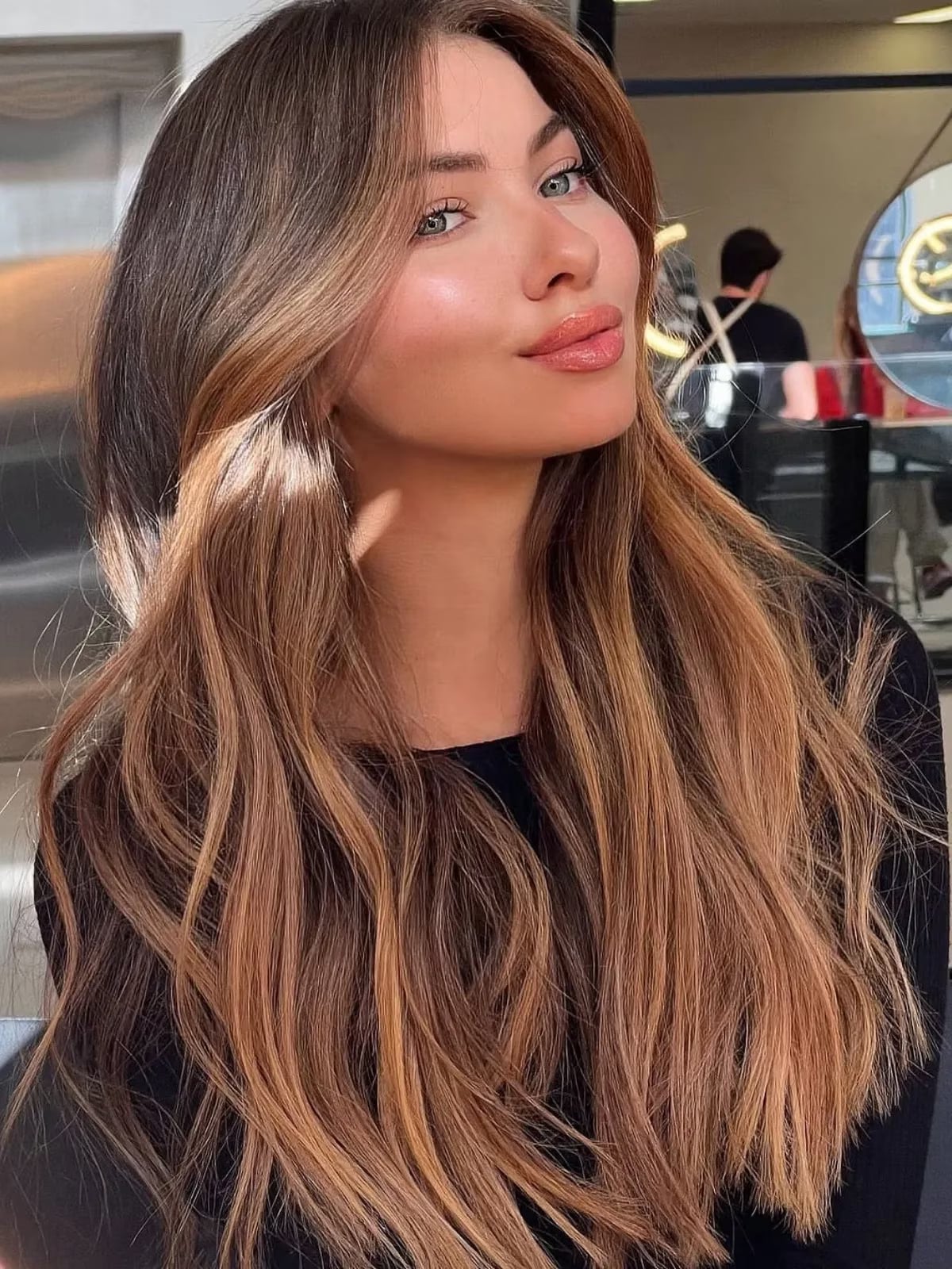 Mid-Back With Honey Blonde Balayage and Curtain Bangs — Classy Two Tone Hair