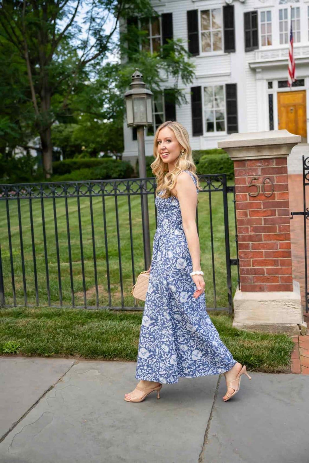Blue and White Floral Print Maxi Dress — Classy Up Dress