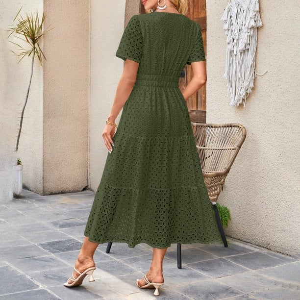 Olive Green Eyelet Cotton Short Sleeve Midi Dress — Classy Up Dress
