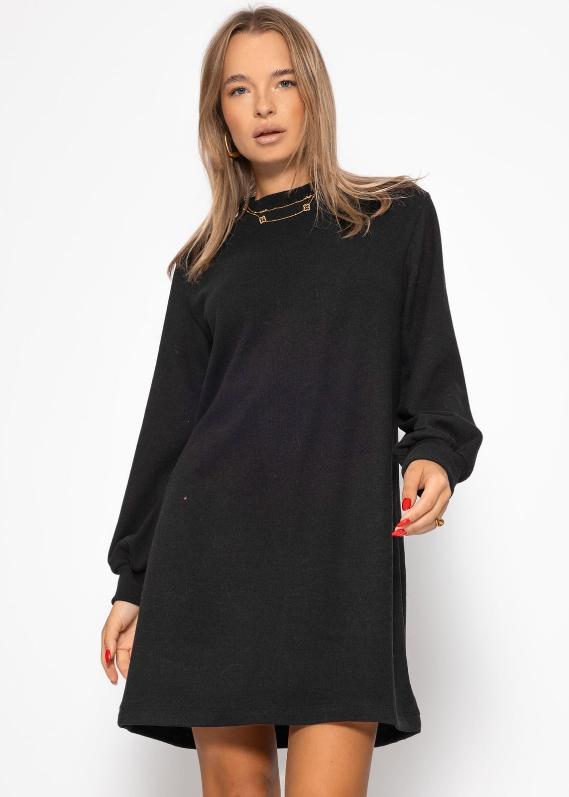 Black Sweatshirt Dress with Stand-Up Collar — Classy Up Dress