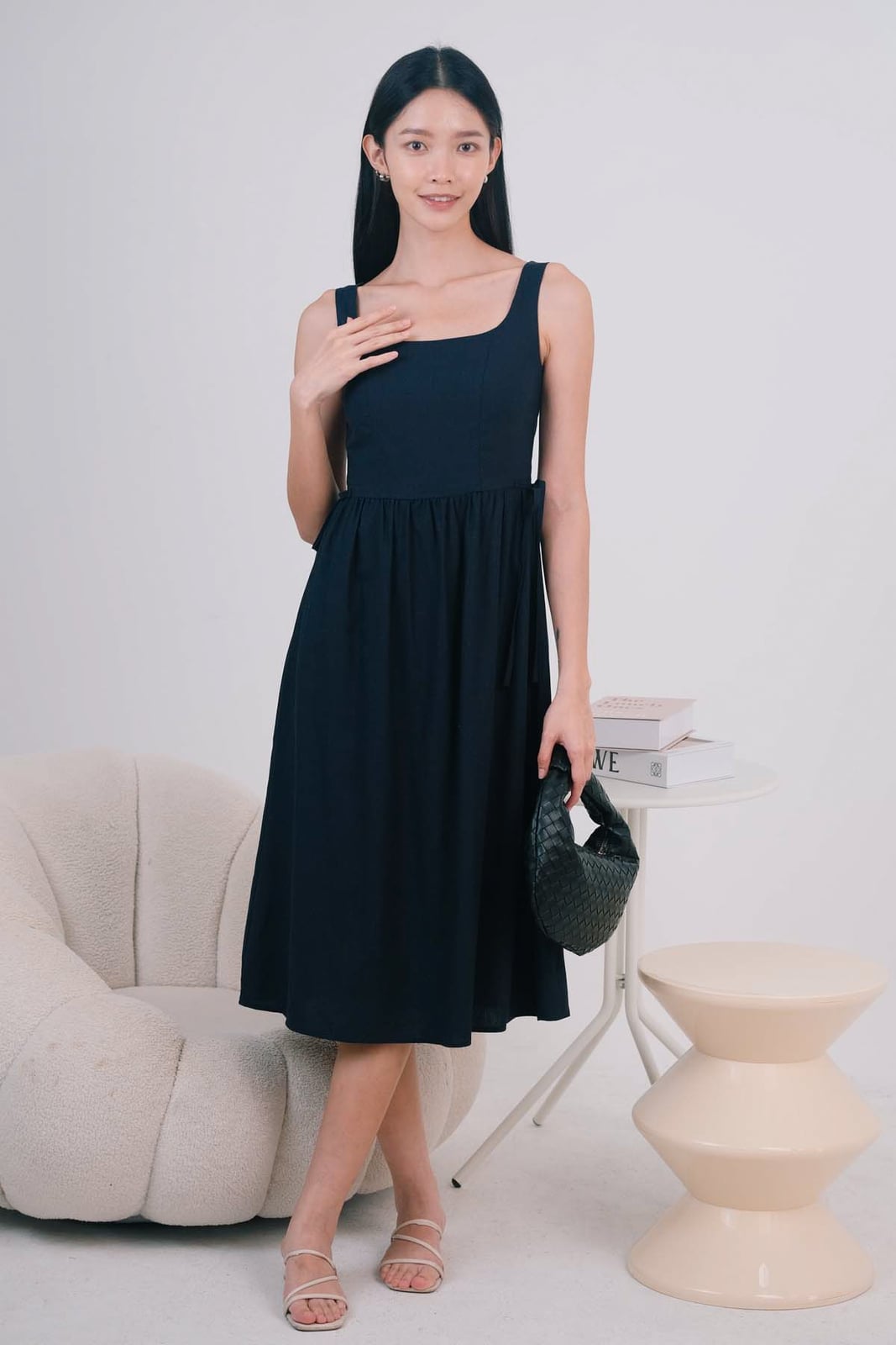 Navy Cotton Midaxi Dress with Square Neckline — Classy Up Dress