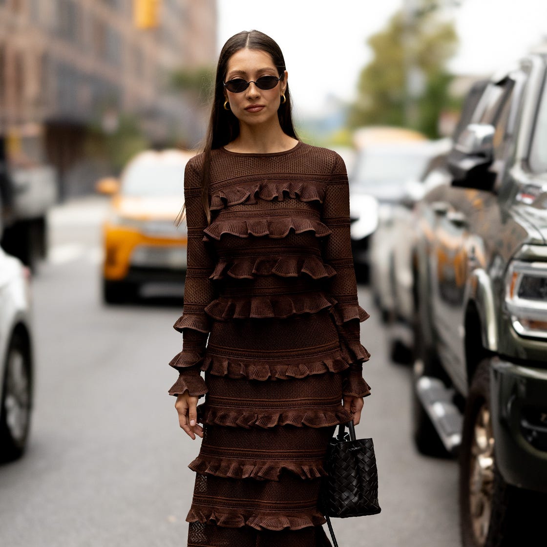 Brown Knit Midi Dress with Tiered Ruffles — Classy Up Dress