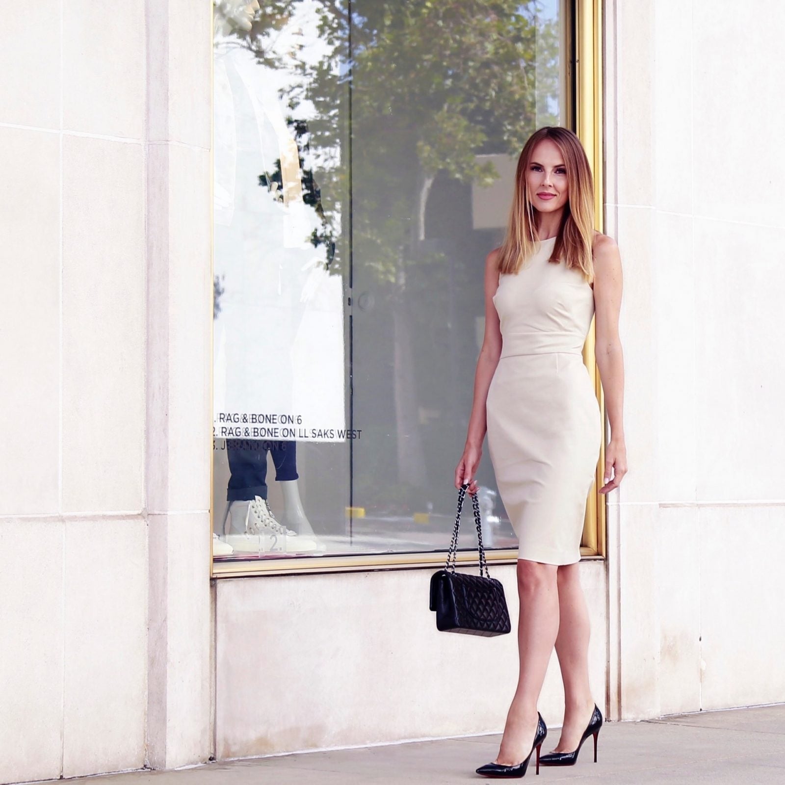 Sleeveless Cream Sheath Dress with Pointed Heels — Classy Up Dress
