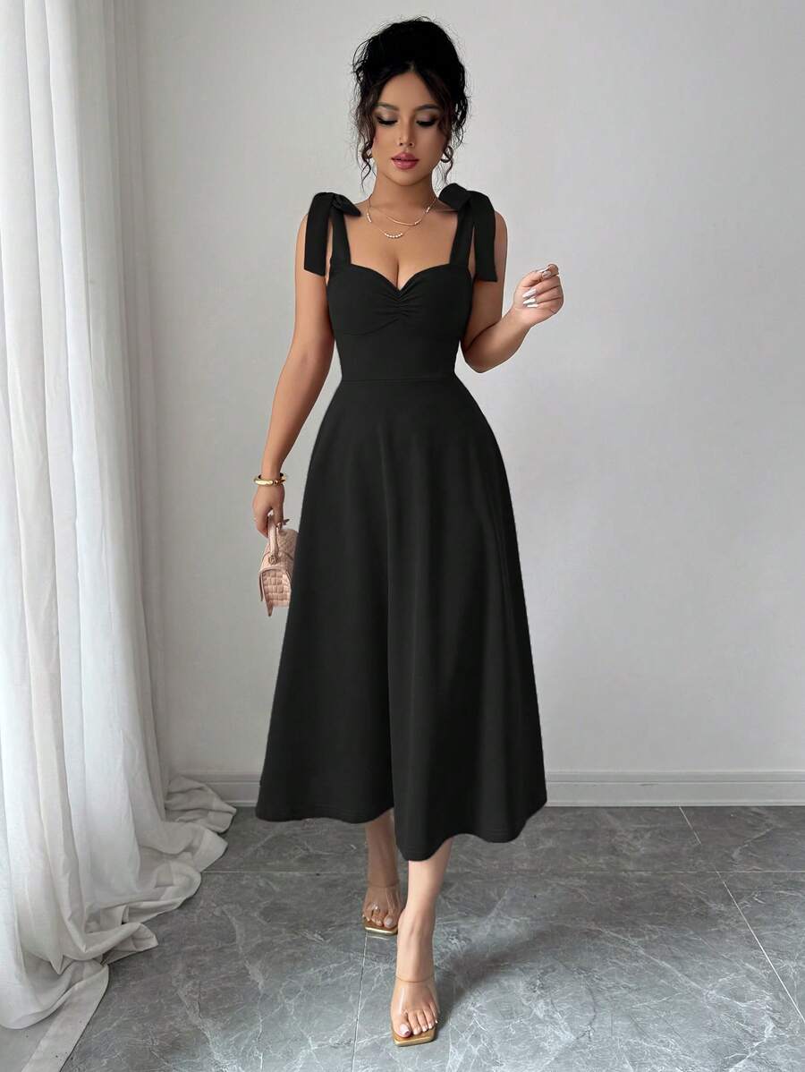 Black Midi Dress with Sweetheart Neckline and Bow Straps — Classy Up Dress