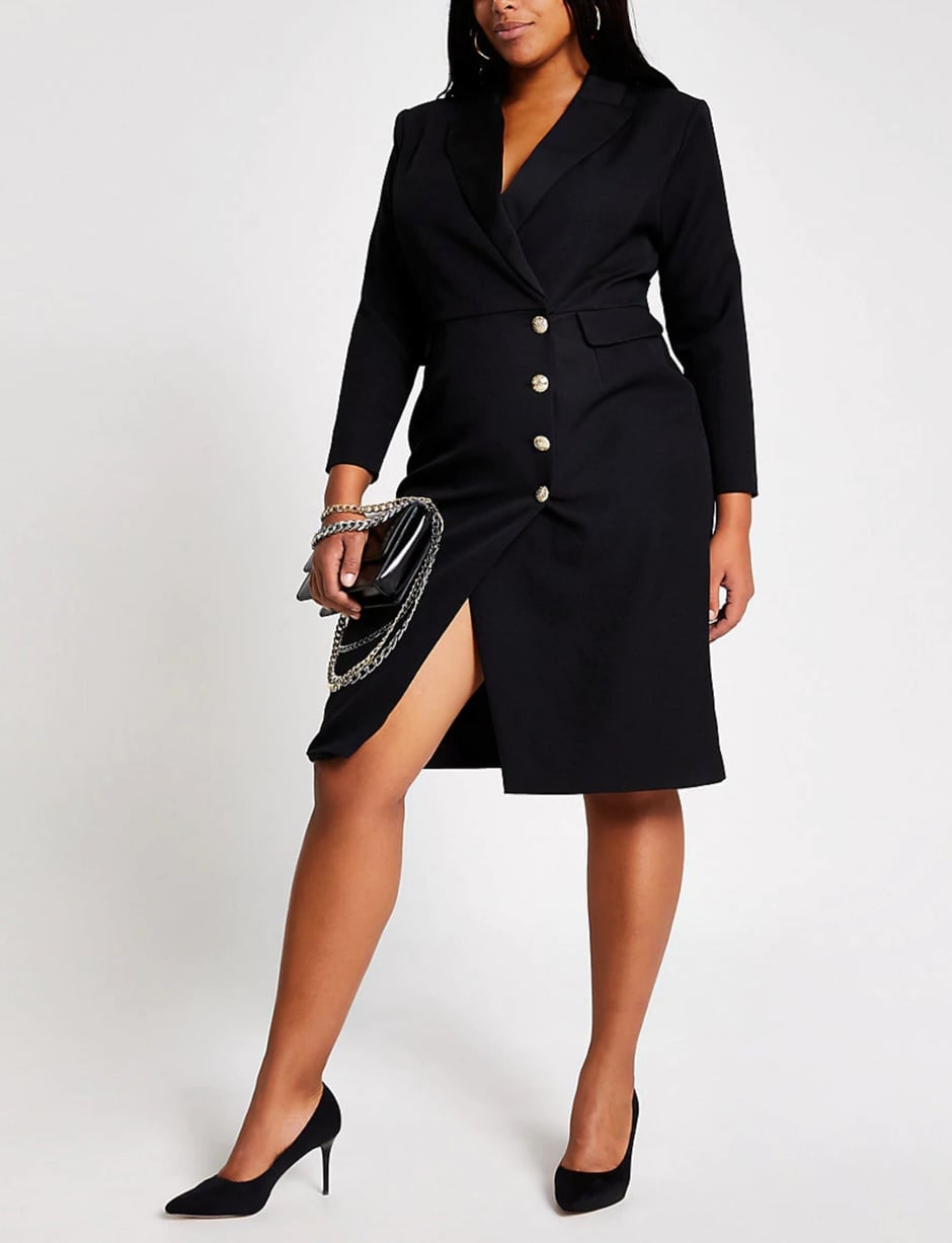 Black Midi Blazer Dress with Gold Button Details, Office-Safe Version — Classy Up Dress