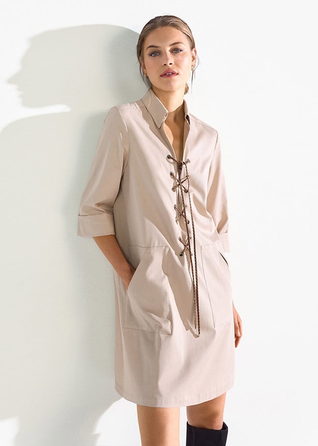 Beige Shirt Dress with Lace-Up Neckline — Classy Up Dress