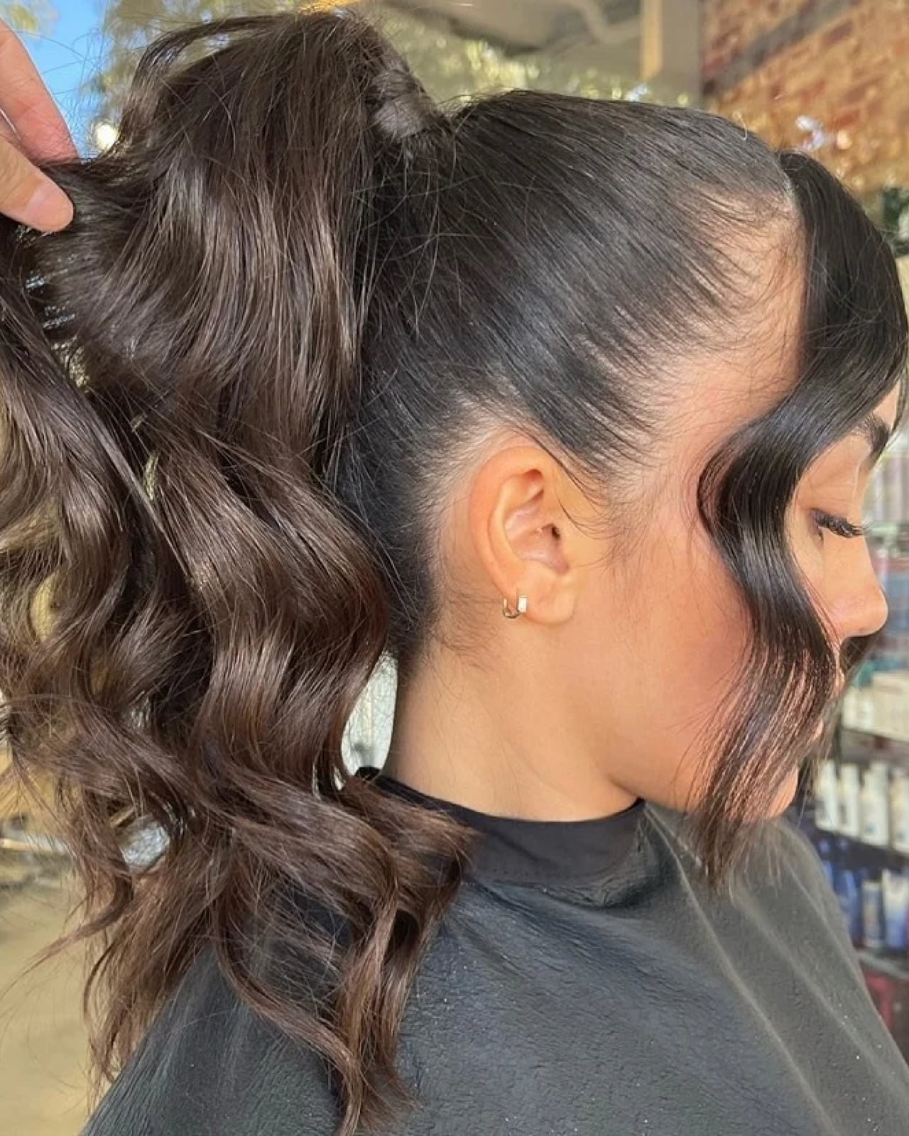 Dark Brown Voluminous Ponytail With Face-Framing Waves, Mid-Back — Classy Updo Ponytail