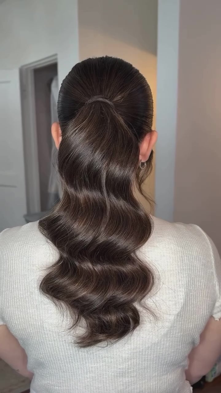 Dark Brown Wavy Ponytail With Uniform Glossy Waves — Classy Updo Ponytail