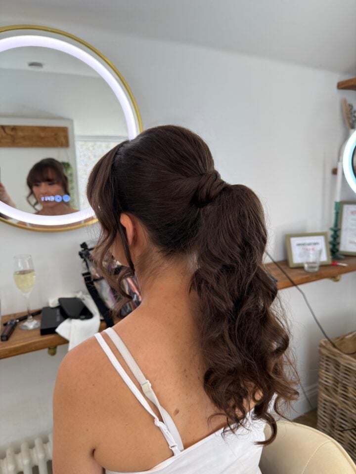 Dark Brown Low Ponytail With Romantic Waves — Classy Updo Ponytail