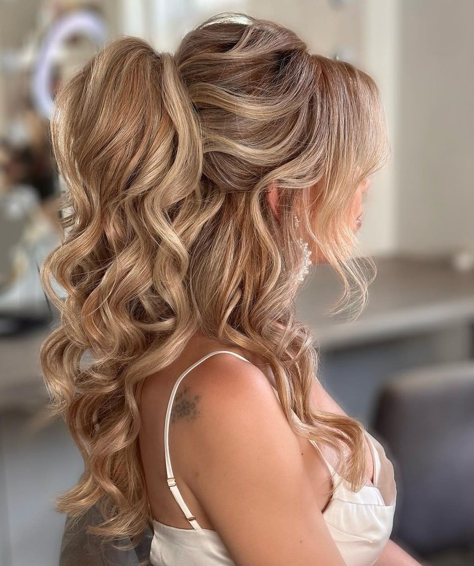 Ash Blonde High Ponytail With Curtain Bangs — Classy Updo Ponytail