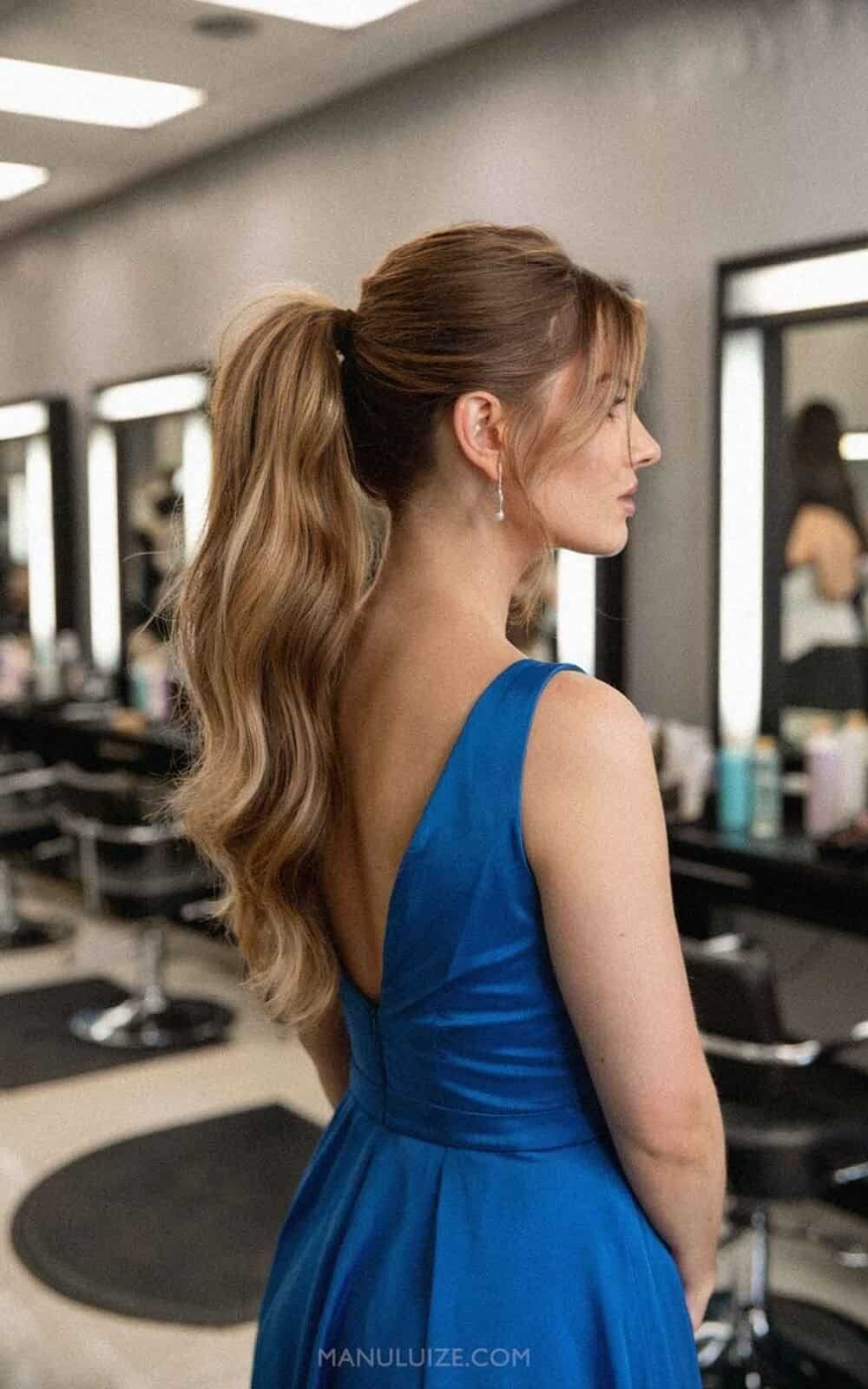 Ash Blonde High Ponytail With Curtain Bangs, Close-Up Take — Classy Updo Ponytail