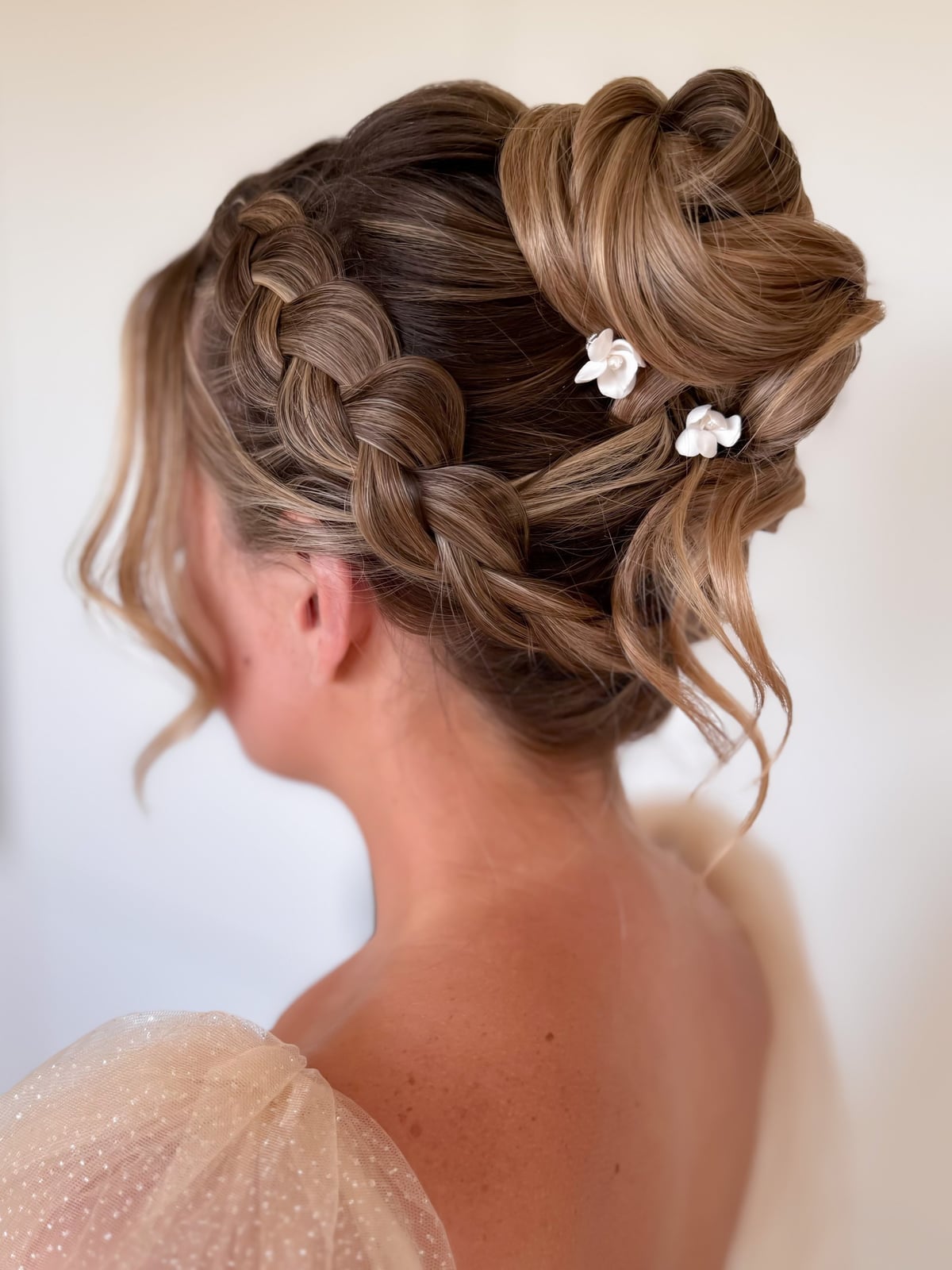 Braided Blonde Updo With Florals and Wispy Bangs Braided Blonde Updo With Florals and Wispy Bangs — Classy Updo Wig