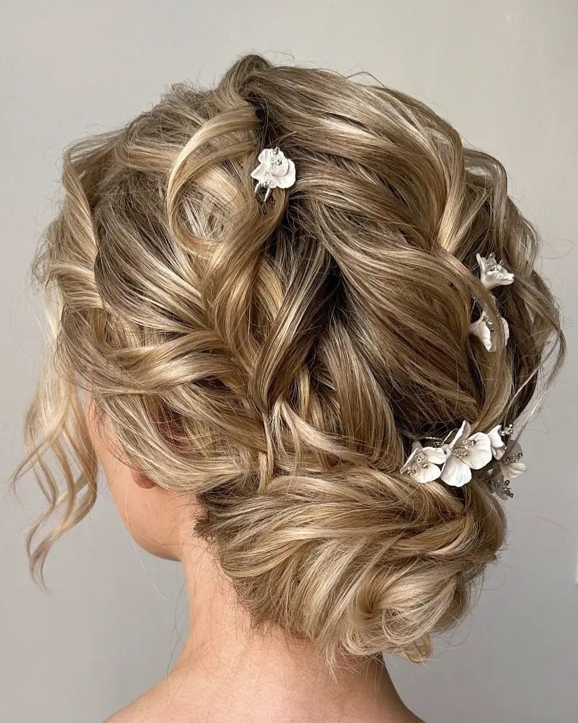 Intricate Braided Blonde Updo With Florals Intricate Braided Blonde Updo With Florals — Classy Updo Wig