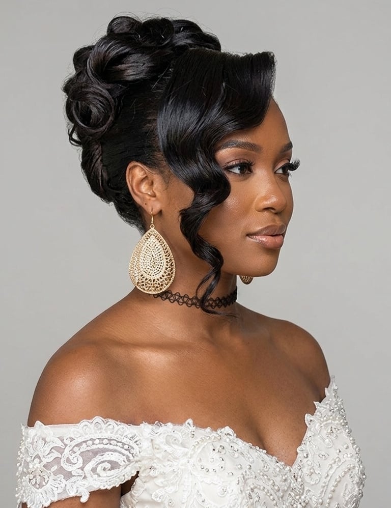 Classic Rolled Black Updo With Waves Classic Rolled Black Updo With Waves — Classy Updo Wig