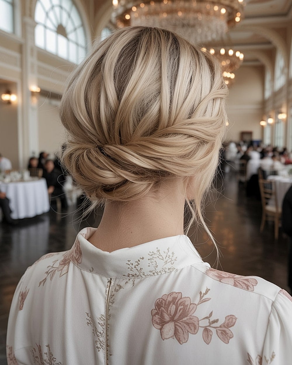 Low Woven Blonde Bun With Tendrils Low Woven Blonde Bun With Tendrils — Classy Updo Wig