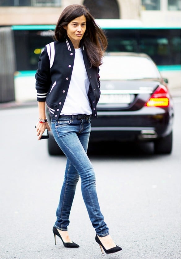 Satin Varsity Jacket With Skinny Jeans Satin Varsity Jacket With Skinny Jeans — Classy Varsity Jacket Outfits