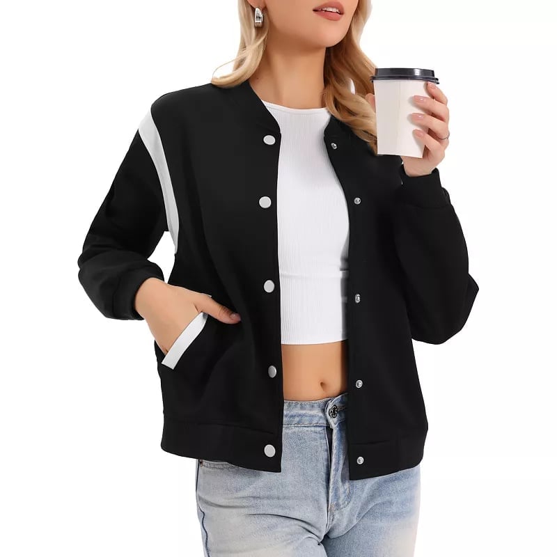 Black Varsity Jacket With White Crop Top Black Varsity Jacket With White Crop Top — Classy Varsity Jacket Outfits