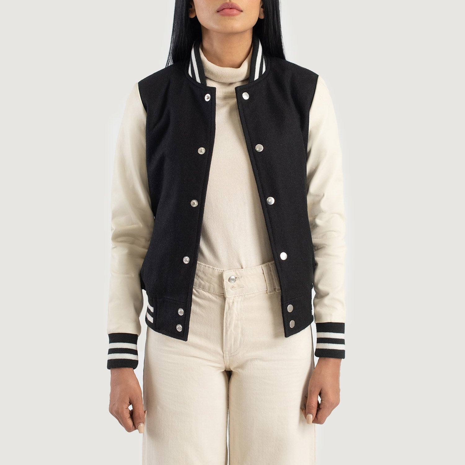 Black Varsity Jacket With Cream Turtleneck Black Varsity Jacket With Cream Turtleneck — Classy Varsity Jacket Outfits