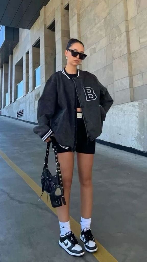 Grey Denim Varsity Jacket With Shorts Grey Denim Varsity Jacket With Shorts — Classy Varsity Jacket Outfits