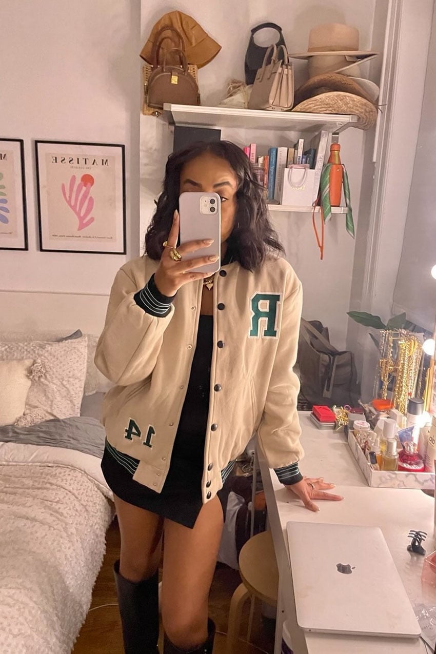 Cream Varsity Jacket With Mini Dress And Boots Cream Varsity Jacket With Mini Dress And Boots — Classy Varsity Jacket Outfits