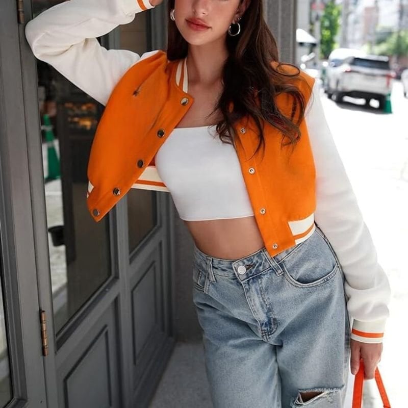Cropped Orange Jacket With Wide Leg Jeans Cropped Orange Jacket With Wide Leg Jeans — Classy Varsity Jacket Outfits