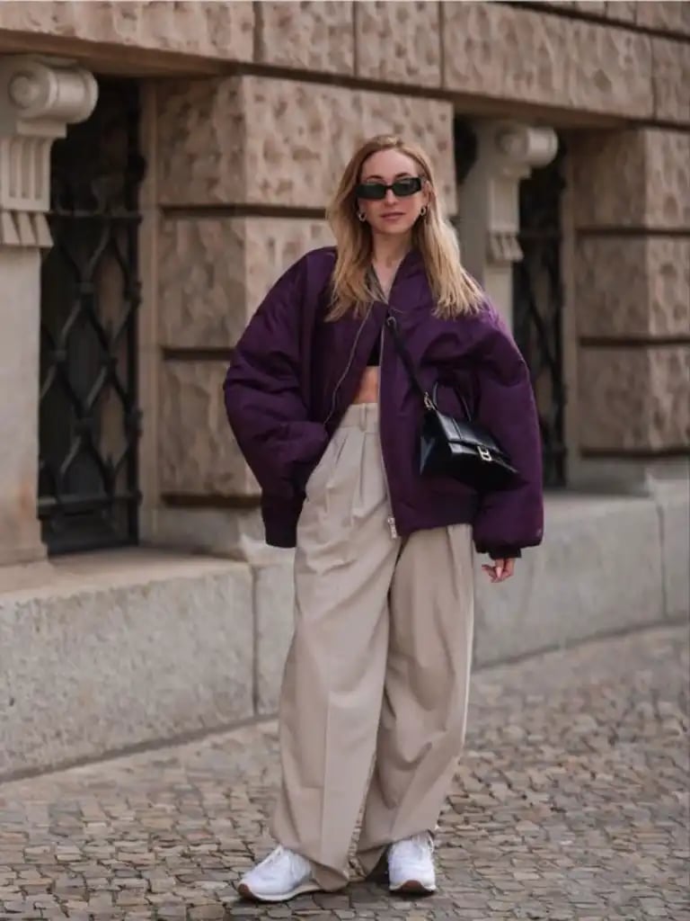 Purple Bomber Jacket With Wide Leg Trousers Purple Bomber Jacket With Wide Leg Trousers — Classy Varsity Jacket Outfits
