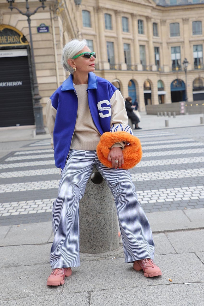 Blue Varsity Jacket With Striped Trousers Blue Varsity Jacket With Striped Trousers — Classy Varsity Jacket Outfits