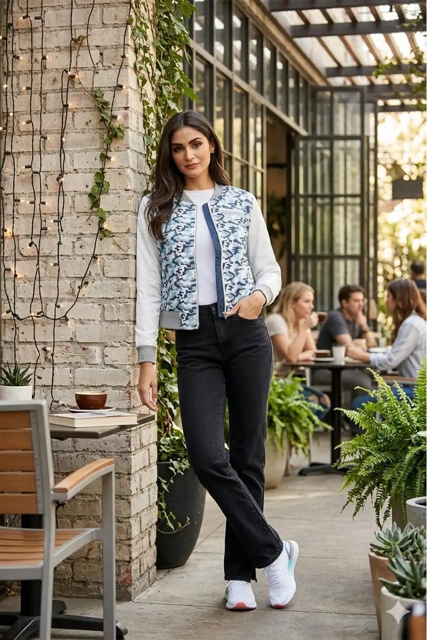 Patterned Bomber Jacket With Straight Leg Jeans Patterned Bomber Jacket With Straight Leg Jeans — Classy Varsity Jacket Outfits