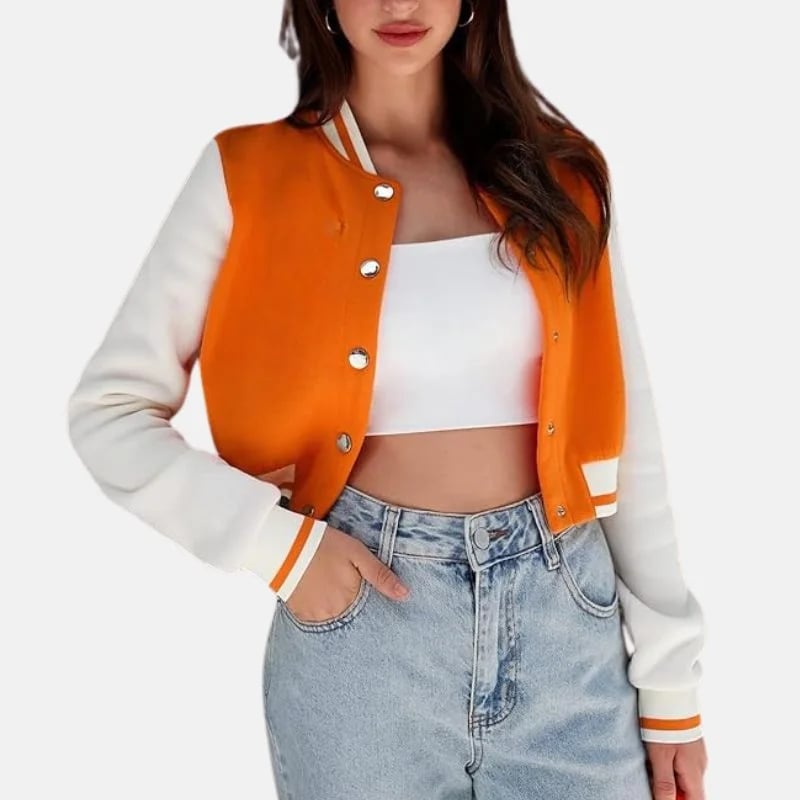 Cropped Orange Varsity Jacket With Crop Top Cropped Orange Varsity Jacket With Crop Top — Classy Varsity Jacket Outfits