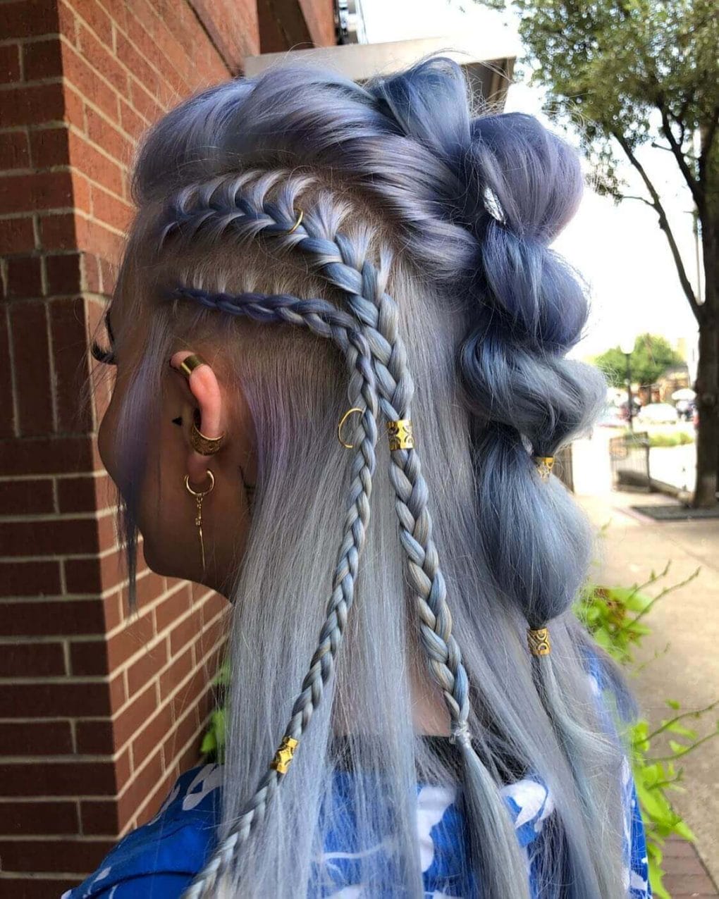 Undercut With Blue Grey Ombre And Buns Undercut With Blue Grey Ombre And Buns — Classy Viking Braids