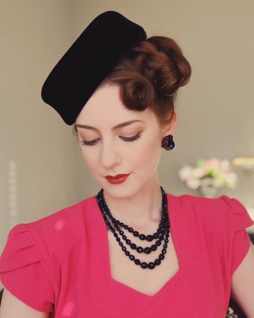 Auburn Updo With Rolled Sections and Pin Curls — Classy Vintage Hairstyles