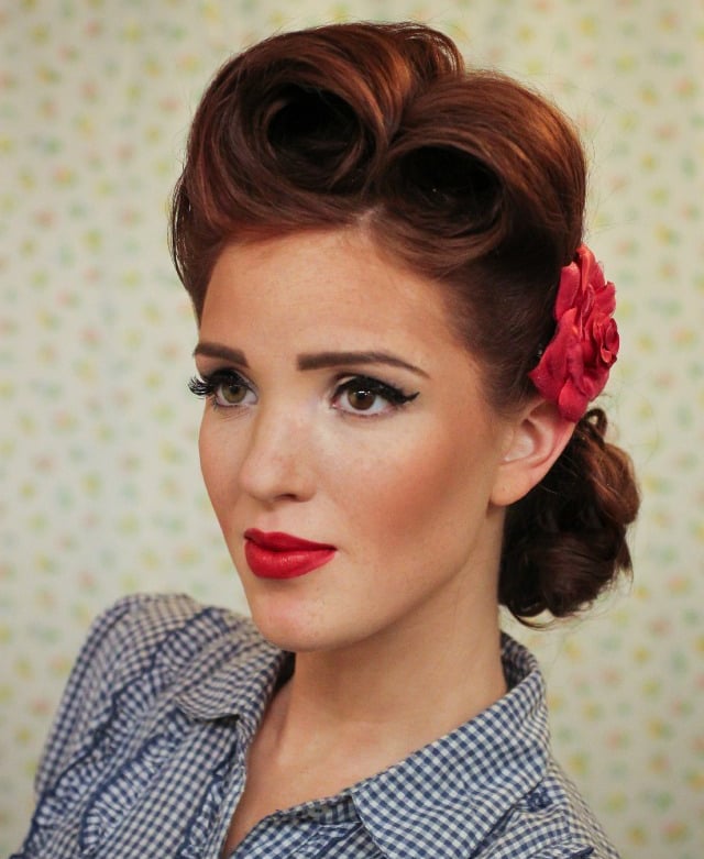 Auburn Victory Rolls With Low Bun and Flower — Classy Vintage Hairstyles