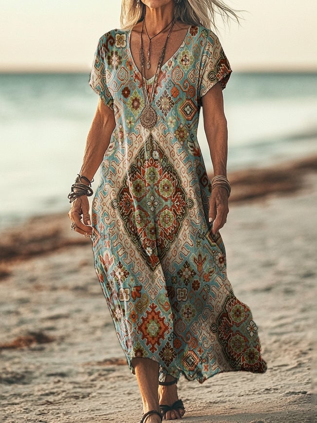 Geometric Print Maxi Dress for Casual Beach Days — Classy Vintage Outfits