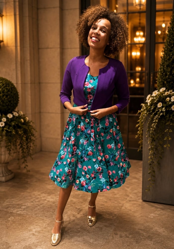 Teal Floral Print Dress with Cropped Cardigan — Classy Vintage Outfits