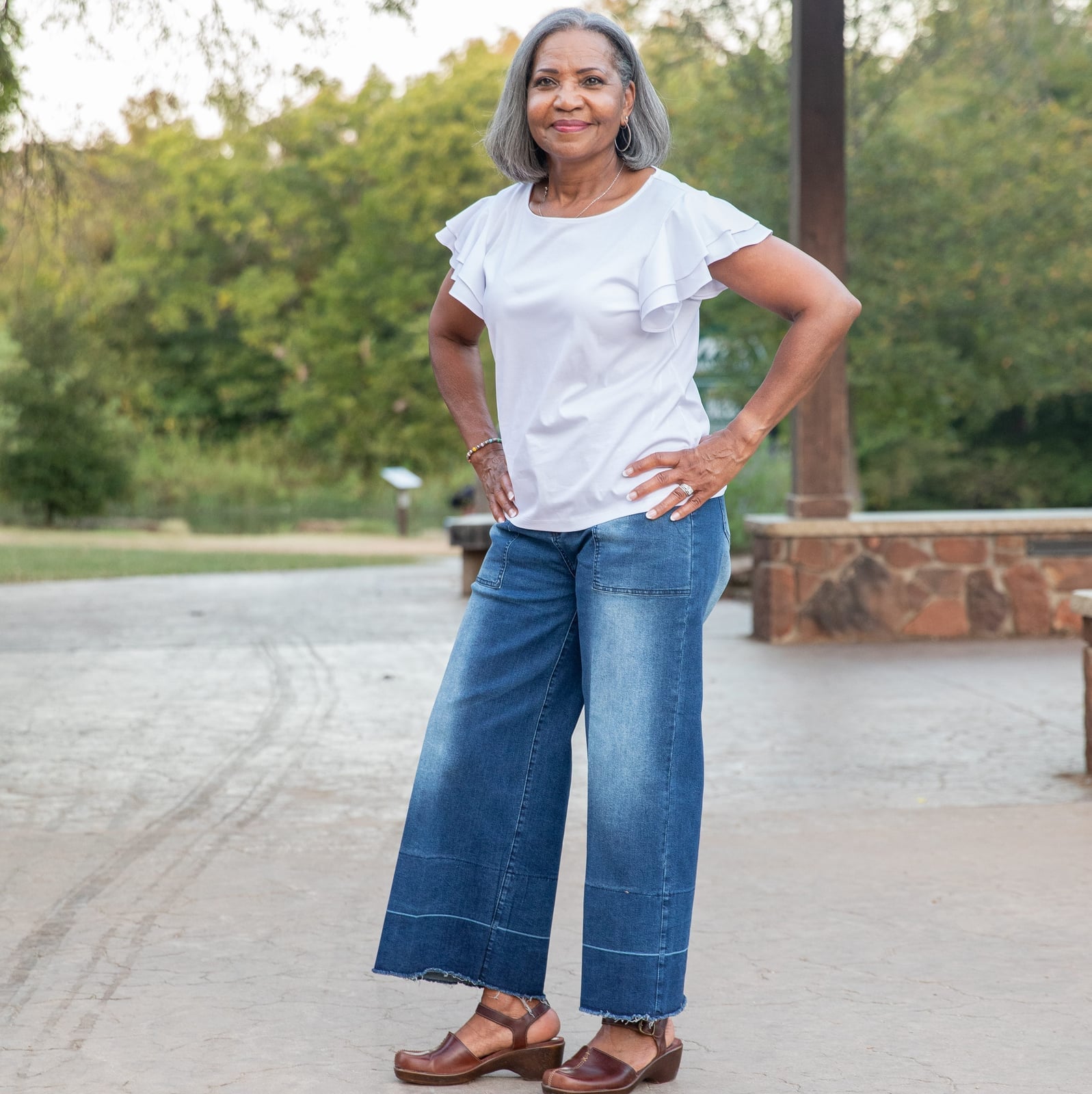 Wide-Leg Jeans with Ruffled Shoulder Top — Classy Vintage Outfits