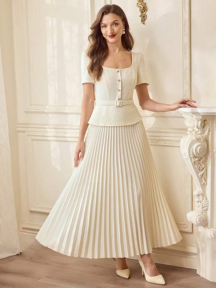 Cream Tweed Two-Piece Set with Peplum Waist — Classy Vintage Outfits