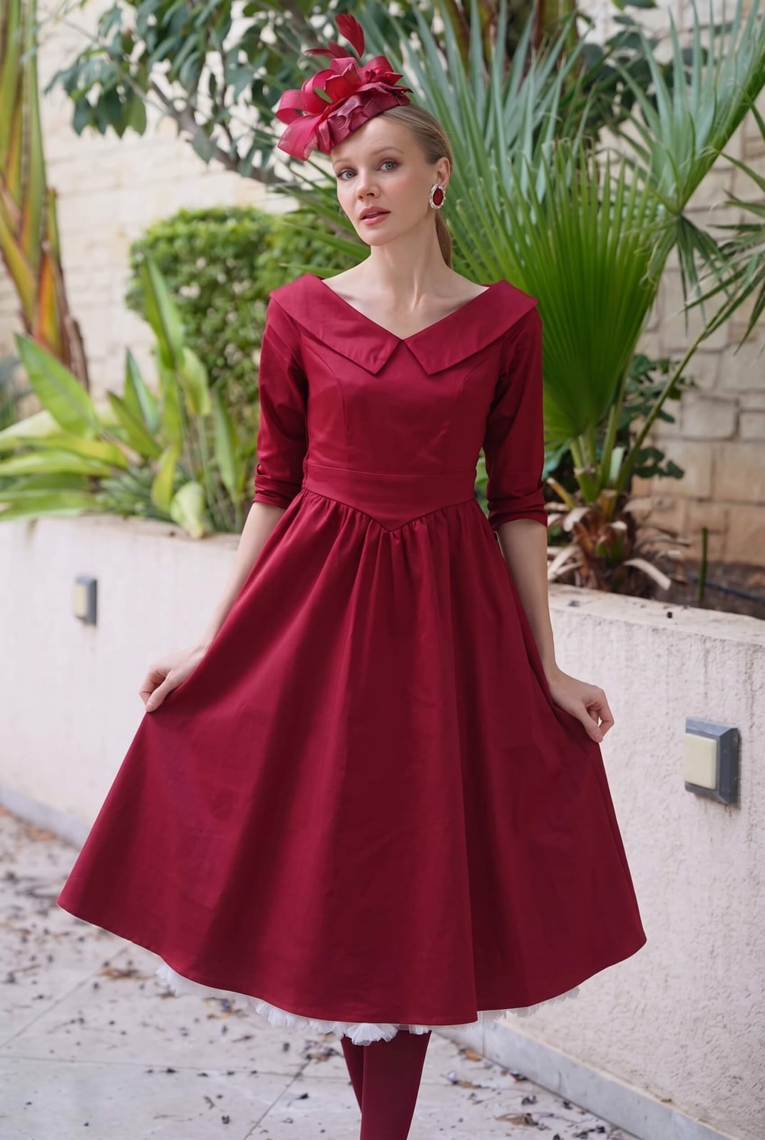 Burgundy Fit-and-Flare Dress with Wide Collar — Classy Vintage Outfits