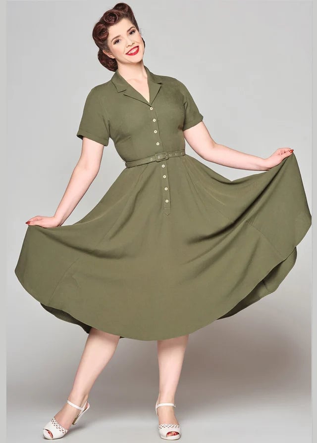 Olive Green Shirt Dress with Button-Front Detail — Classy Vintage Outfits