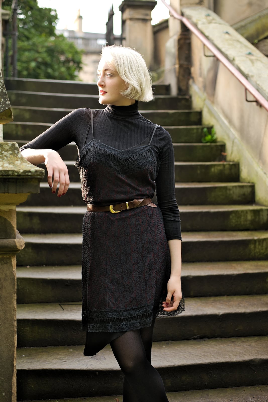 Layered Slip Dress Over Black Turtleneck — Classy Vintage Outfits
