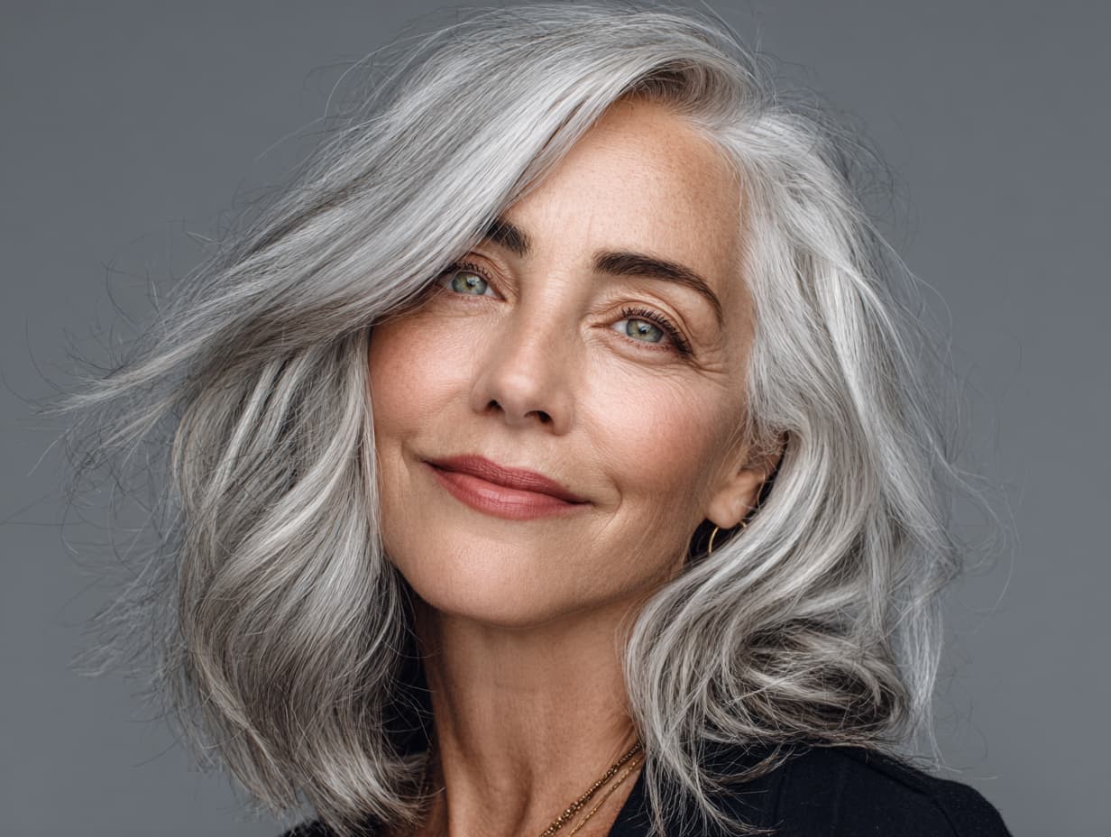 Collarbone Lob With Natural Silver Grey — Classy Volumizing Hair