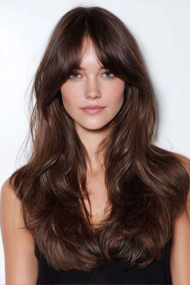 Collarbone Dark Brown With Curtain Bangs — Classy Wavy Hair Hairstyles