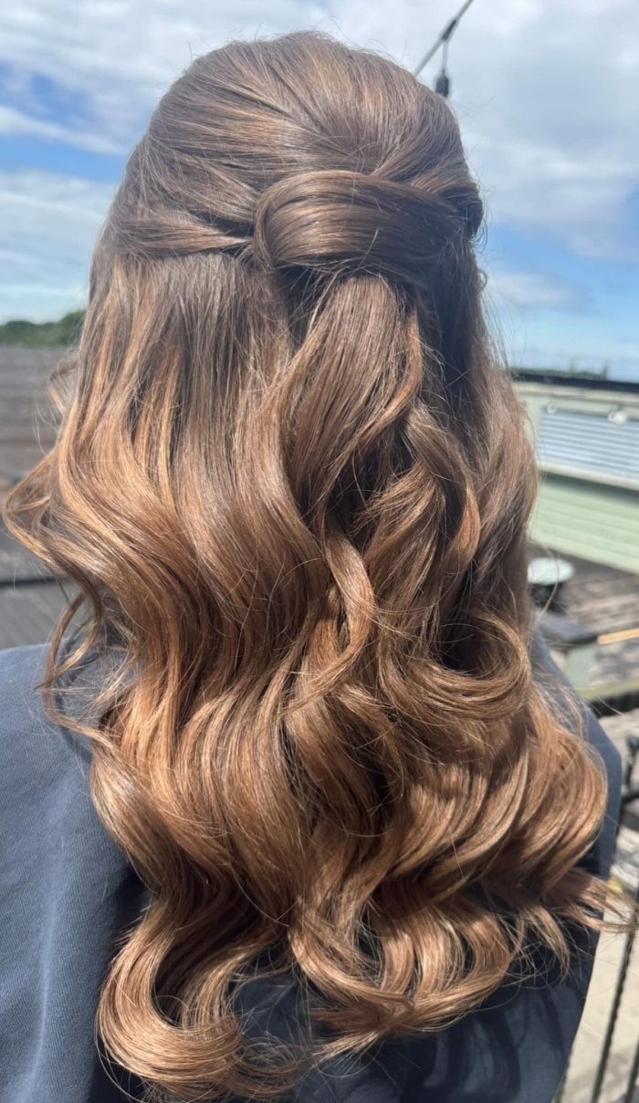 Medium Brown Mid-Back Half-Updo With Twisted Detail, Layers Medium Brown Mid-Back Half-Updo With Twisted Detail, Layers — Classy Wavy Hairstyles