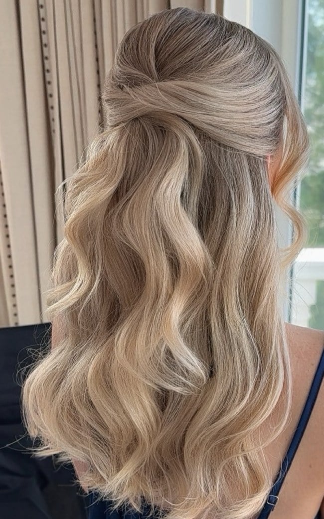 Blonde Mid-Back Half-Up Half-Down With Twisted Top Blonde Mid-Back Half-Up Half-Down With Twisted Top — Classy Wavy Hairstyles