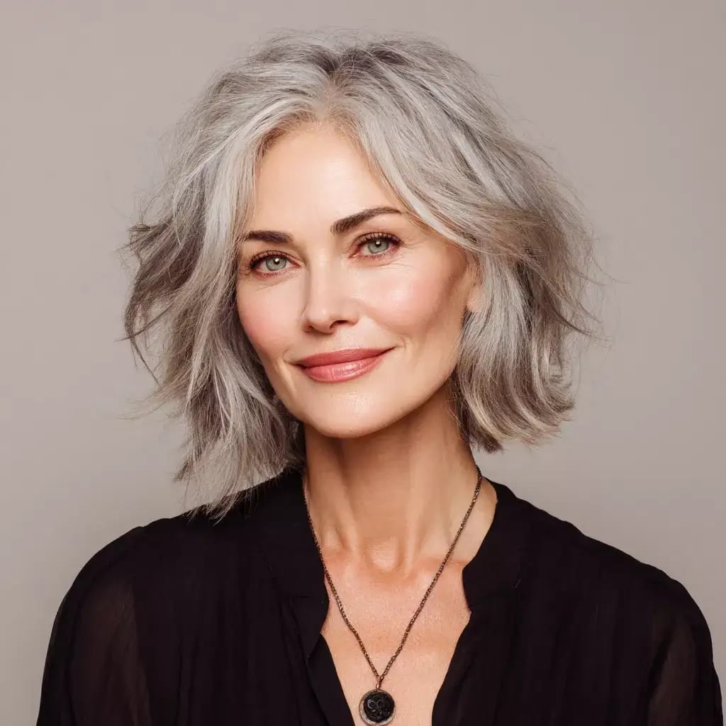 Grey Collarbone Bob With Curtain Bangs Grey Collarbone Bob With Curtain Bangs — Classy Wavy Hairstyles